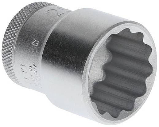 Socket spanner with 12-point drive and knurled edge, cylindrical shape, silver-coloured and shiny, likely made of metal.