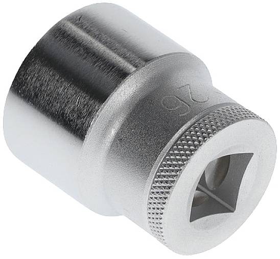 Metal socket nut with knurled edge and a square inner profile. Suitable for mechanical applications and repairs.