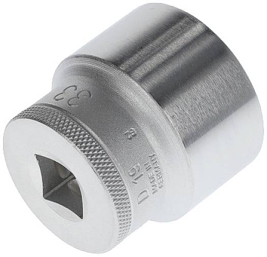 Socket wrench, size 33, silver-coloured, made of metal, with ridged edge for better grip.