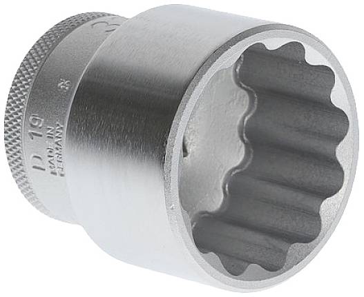 A chrome-plated multi-tooth nut tool in close-up, with a textured grip and engraved size. Suitable for mechanical work.