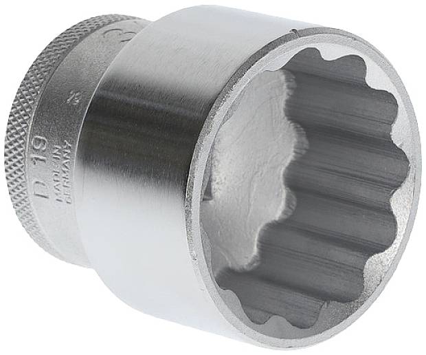 A silver 12-sided steel socket attachment, viewed from the side, with a knurled handle for better grip.