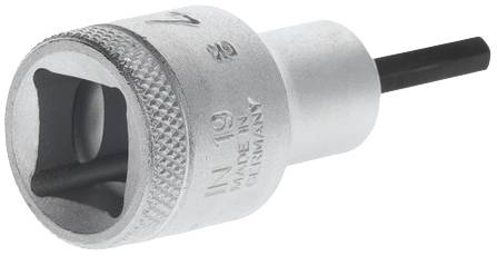 Silver spanner with black handle, size 19 mm, "Made in Germany" engraving. Used for loosening or tightening nuts.