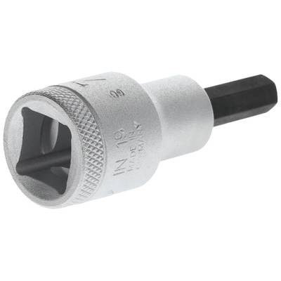 A silver hexagonal bit socket, 19 mm, with internal square drive. It is used for tightening or loosening screws.