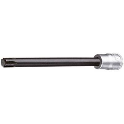 A black, long metal drill bit with a silver base, likely an SDS drill bit, is used in the construction industry.