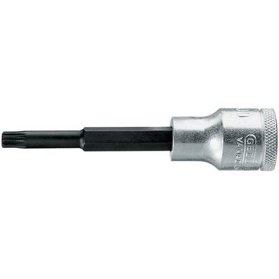 A silver socket extension with a black, star-shaped Torx bit drive, viewed from the side.