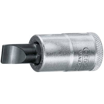 A massive slotted socket drive with a slot profile, silver-coloured and metallically shiny, suitable for work on slotted screws.