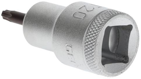 A silver Torx bit, cylindrical, with a hexagonal opening.