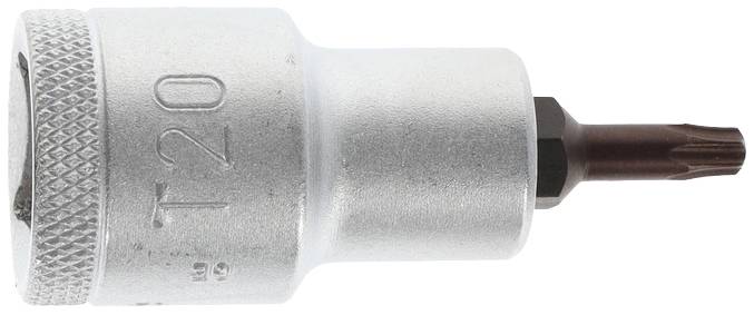 Silver Torx bit socket, size T20, with hexagonal base and knurled handle to improve grip.