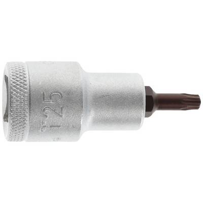 A silver T25 Torx bit socket attachment made of metal, lying on its side, shows the embossed marking for size and type.