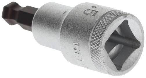 A silver hex bit socket adapter with a knurled handle.