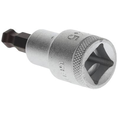 A silver hex bit socket adapter with a knurled handle.