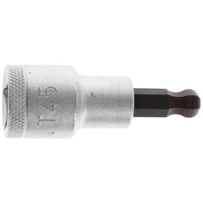 Bit adaptor with Torx T45, silver metal sleeve, black insert.