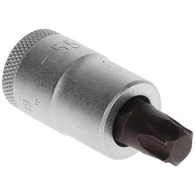 A Torx T55 metal bit attachment used for tightening or loosening six-pointed screws.