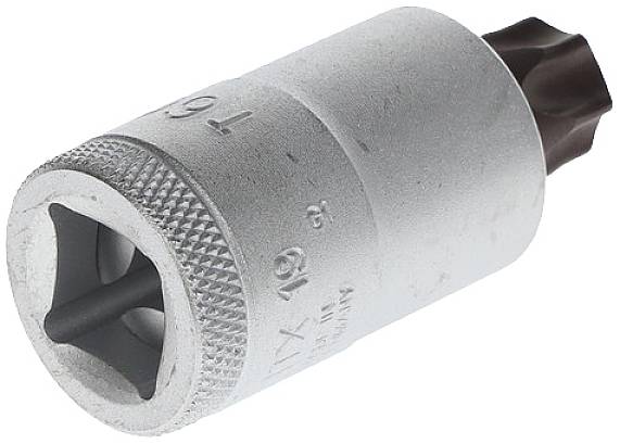 T20 Torx bit socket made of steel, silver-coloured, for use with ratchets or screwdrivers.