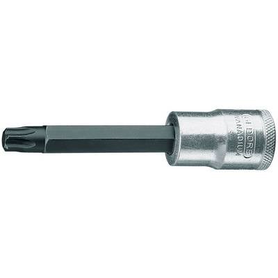 Metal socket key attachment with a long, fluted shaft and hexagonal tip, suitable for screw-related work.