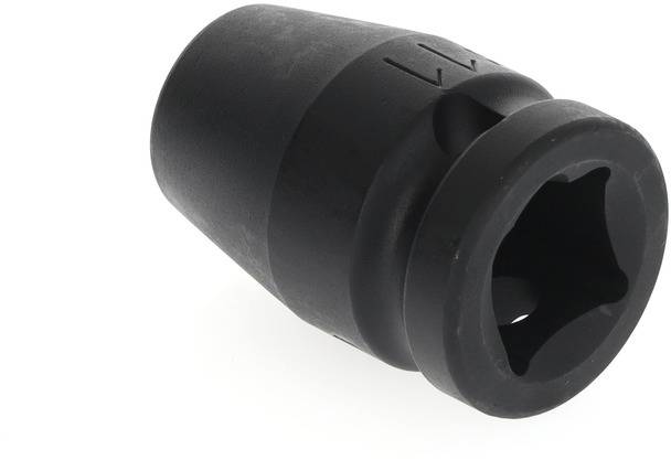 A black socket adaptor with a hexagonal opening. Used for fastening or removing screws or nuts.