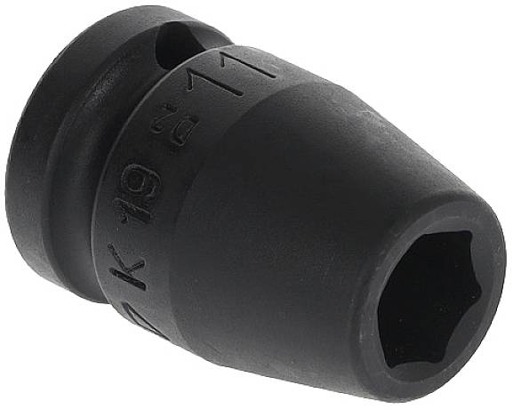 A black hexagonal socket with the inscription '19'. It is tapered in shape and has an opening that serves for attachment.