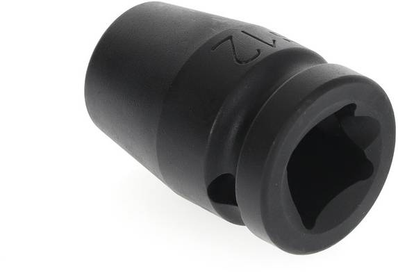 A black, conical metal insert with a square opening; most likely a socket key insert for tool use.