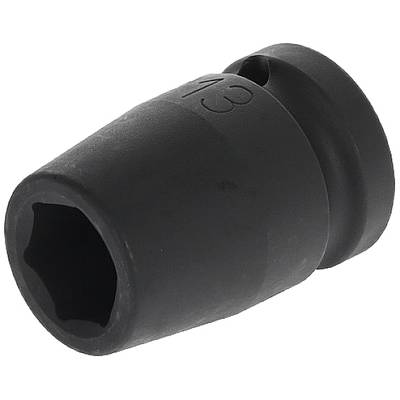 Black hexagonal impact driver socket, side view, showing size and shape.