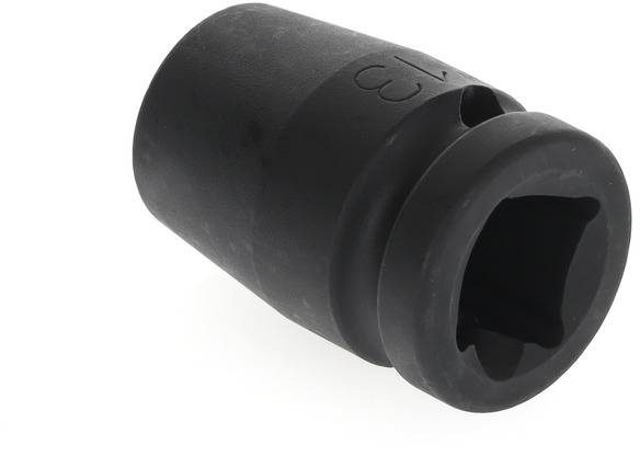 'Black hexagonal socket for socket wrench, cylindrical in form with a square opening for attaching to a ratchet.'