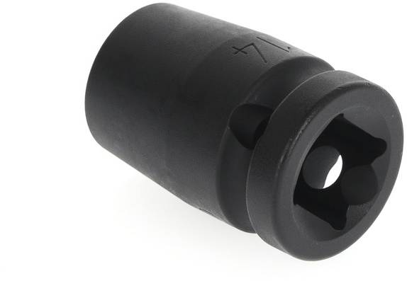 Black hexagonal socket key with a circular opening in the centre. Tool used for fastening or loosening screws and nuts.