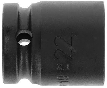 A black socket with a side hole and the engraving '22' is pictured. It is typically used for spanners.