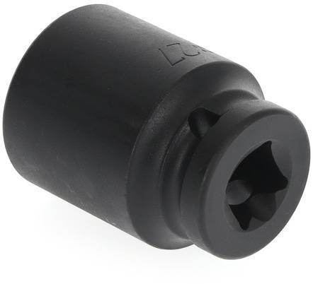 Black metal tool with a six-sided insert and star-shaped internal side, used for specialised screw connections.