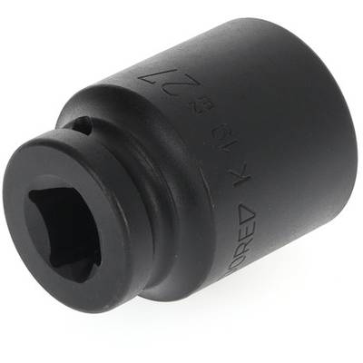 Black socket wrench attachment, cylindrically shaped, with smoothly polished surface and small inscription along the edge.