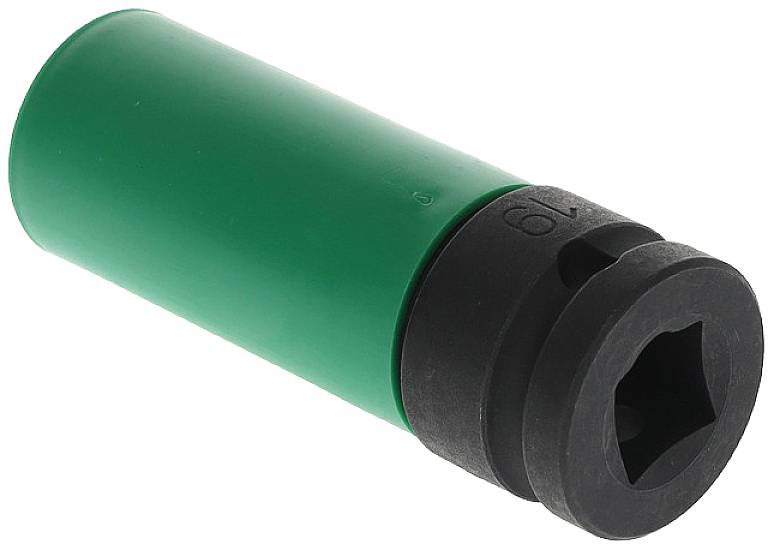 A green socket extension with a black hexagonal drive, commonly used for car repairs or other technical work.