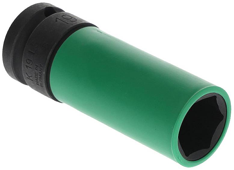 Socket wrench with a green protective cover, hexagonal opening. Tool for tightening screws or nuts.