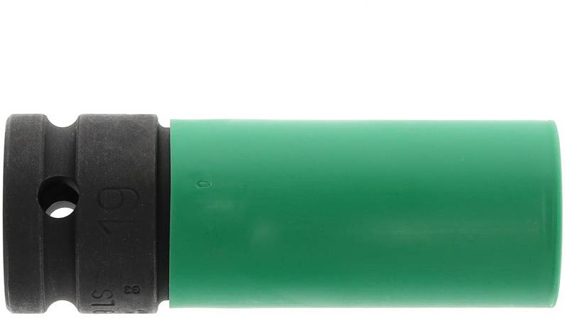 Green plastic pipe connector with black, ribbed end cap.