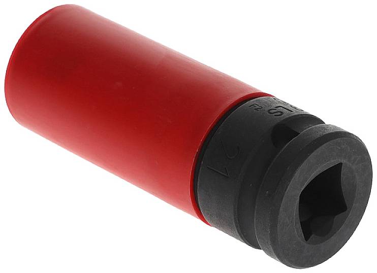A red plastic tool component with a black metal part, most likely a socket key attachment.