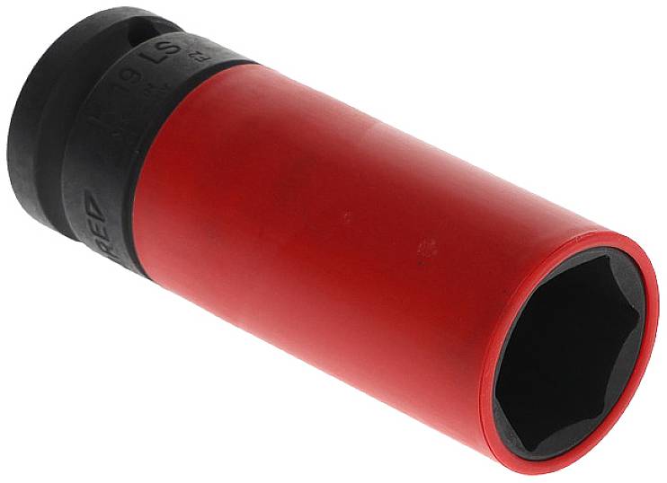 Red socket wrench nut with protective black cover, tool for screw-related work.