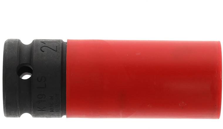 Red, cylindrical plastic camshaft with black details and the inscription 'K-19 LS 21'.
