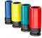 Four colourful socket inserts in blue, yellow, green and red are standing side by side. They have indentations at the ends.