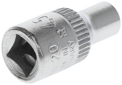 Metal socket wrench in cylindrical form, with knurling for better grip, used for tightening or loosening screws.