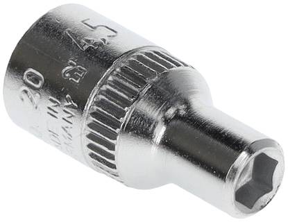 A silver socket adaptor for a spanner, with multiple sizes imprinted on the surface.