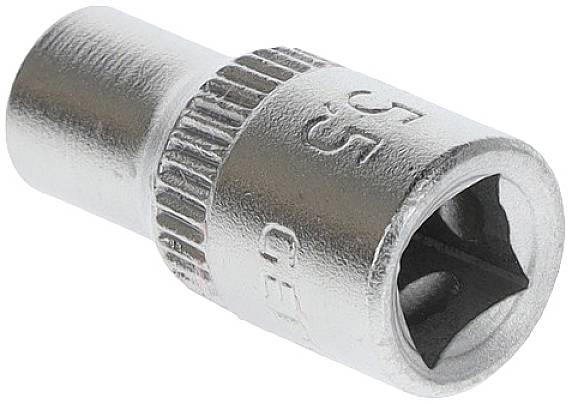 A silver hexagonal socket nut with '5.5' size imprinted. Used for screw work and assembly.