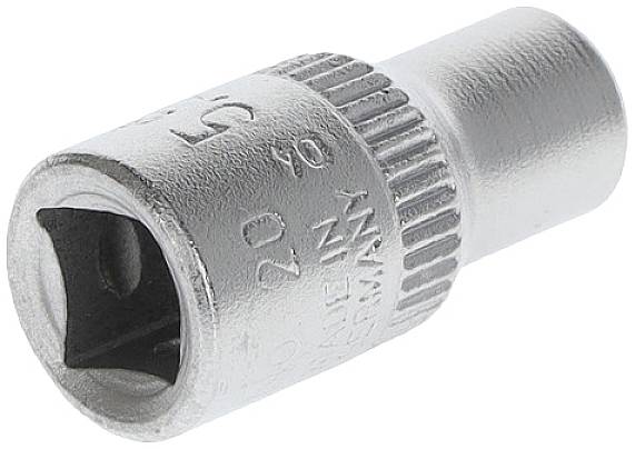 A silver metal socket for a spanner, cylindrical in shape, with milled size marking and manufacturer identification.