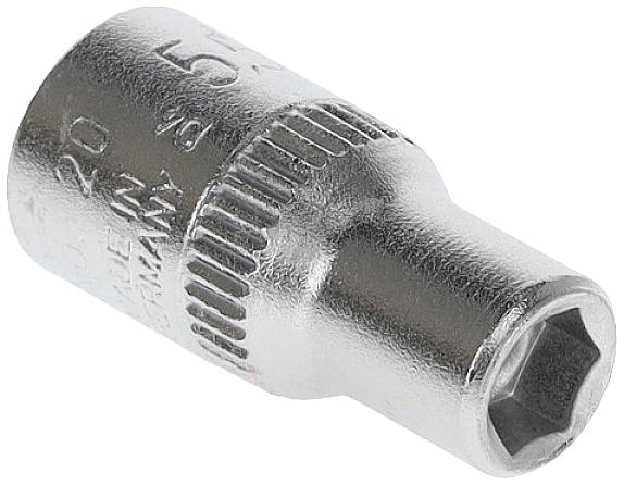 A silver hexagonal socket, lying on its side, displays its knurled surface for better grip when attaching to screws.