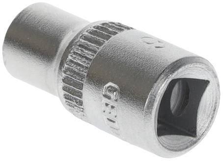 Socket drive with square profile, made of metal. Suitable for loosening or tightening screws with a compatible head.