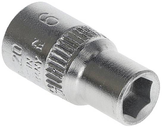 Hexagonal socket wrench, chrome-plated surface, used for loosening or tightening screws with corresponding heads.