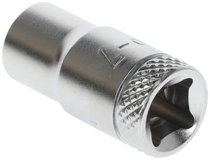 A silver-coloured socket attachment with a hexagonal internal profile, suitable for loosening or tightening screws.