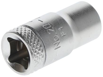 Metal-coloured Torx socket with ridged edges, marked with 'No. 20 F1', for use with ratchet tools.