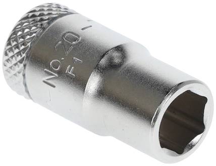 Metallic socket key attachment with a round shape and serrated pattern at one end. Stamped with 'No. 20 F1'.