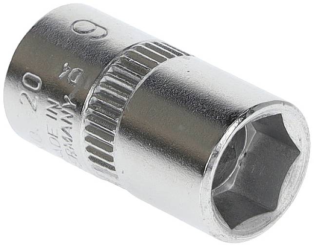 Hexagonal socket wrench, metallic and gleaming, with a knurled handle for improved grip. Used for tightening screws.