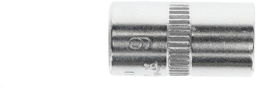 Metallic cylindrical key with ridged grip areas and embossed markings.