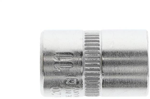 Metal socket spanner, cylindrical shape, silver-coloured, with knurled surface for improved grip.