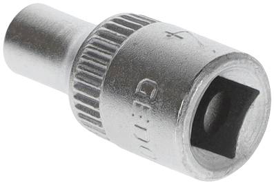 Metal socket with knurled handle and square drive, used for screw connections in workshop tasks.