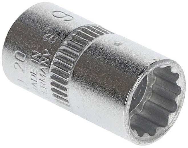 Metallic socket key attachment with serrated inner surface, for hexagonal nuts. Tool in silver colour.